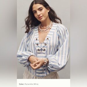 NWT new XL Anthropologie Linen Dolman Lace-Up Blouse blue white stripe